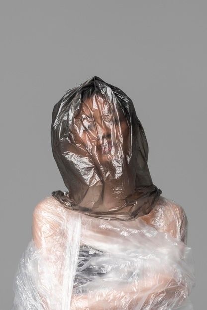 Asian woman being covered in plastic bag... | Free Photo #Freepik #freephoto #abstract #person #eco #recycle Plastic Bags Art, Plastic Bag Photoshoot, Consumption Photography, Plastic Bag Over Head, Consumerism Photography, Aesthetic Emotions, Sal Singh, Abstraction Photography, Plastic Photography