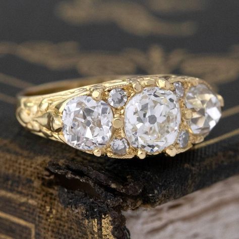 3.17ctw Victorian Revival Old Mine Cut Diamond Trilogy Ring Antique Engagement Rings Victorian, Scroll Ring, Antique Jewelry Victorian, Stone Ring Design, Modern Mens Rings, Victorian Diamond Ring, Diamond Trilogy Ring, Art Jewelry Earrings, Ring Jewellery Design