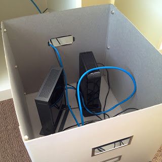 Hide modems, routers, cords, etc in a storage box - duh Modem Storage Hide Router, Hide Internet Router Ideas, Modem Storage, Hide Router, Router Ideas, Hide Cable Box, Office Storage Organization, Router Storage, Organize Office