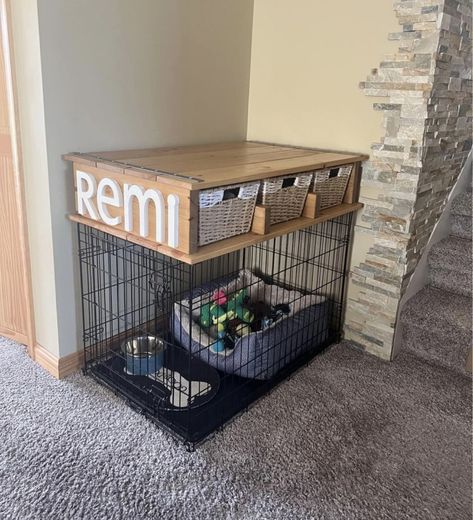 Dog Area In Bedroom Ideas, Dog Storage Organization, Make Dog Crate Pretty, Puppy Corner Ideas In Bedroom, Puppy Room Set Up, Dog Clothes Organization, Dog Supply Storage Ideas, Aesthetic Dog Crate Ideas, Puppy Organization Ideas