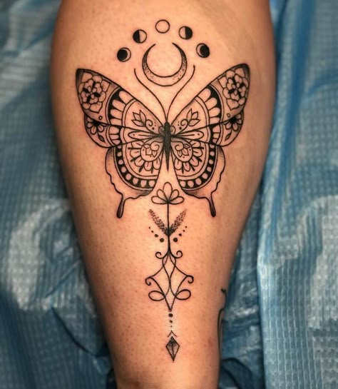 Mom Daughters Tattoo Design, Butterfly And Moon Phases Tattoo, Moon Phase Mandala Tattoo, Butterfly With Moon Phases Tattoo, Moon Phase Butterfly Tattoo, Dreamcatcher Hand Tattoo, Butterfly Moon Phases Tattoo, Big Butterfly Tattoo On Back, Butterfly Mandala Tattoo For Women