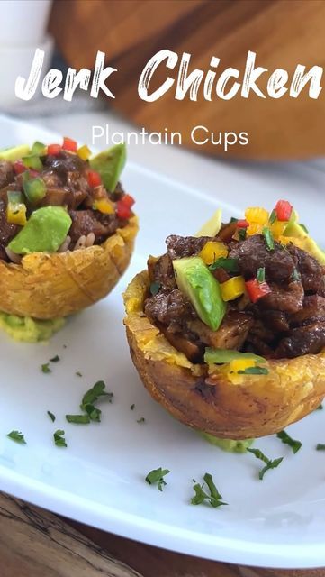 Jamaican Appetizers, Gourmet Plating, Plantain Cups, Caribbean Dishes, Spanish Foods, Plantain Recipes, Chicken Appetizers, Caribbean Cuisine, Caribbean Food