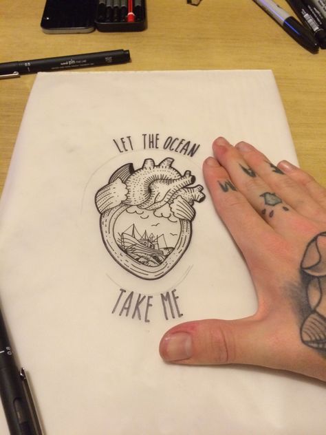 Ocean Heart Tattoo Idea Ocean Heart Tattoo, Emo Tattoos, Ocean Tattoo, Soul Tattoo, Bottle Tattoo, Tattoo Outline Drawing, Ocean Tattoos, Ocean Heart, Creepy Tattoos