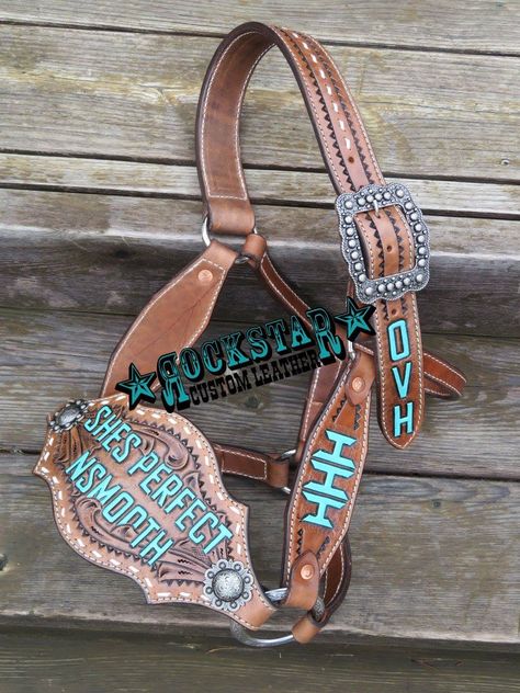 Rockstar Custom Leather bronc halter Custom Bronc Halter, Custom Horse Tack, Cow Halter, Western Horse Tack Turquoise, Leather Horse Halter, Vegas Shopping, Barrel Racing Tack Sets, Barrel Racing Tack Rodeo, Horses Tack