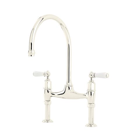 Perrin & Rowe - Ionian two hole bench mounted mixer with white porcelain levers and straight legs | The English Tapware Company Perrin And Rowe, Butler Sink, Bar Sink, Sink Taps, Traditional Kitchen, Satin Brass, Ghost Chair, The English, Polished Brass