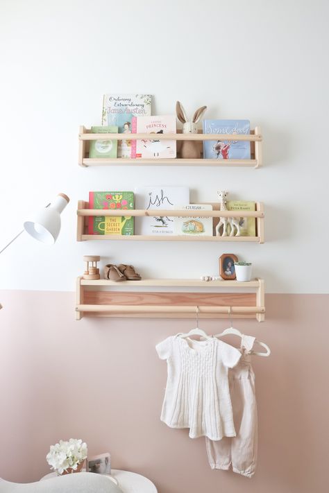 The Nursery Reveal - Baby Girl E's New Room - Kristina Lynne Nursery Book Storage, Modern Baby Nursery, Baby Nursery Storage, Nursery Reveal, Baby Room Colors, Kids Shelves, Girl Nursery Room, Baby Room Inspiration, Nursery Storage