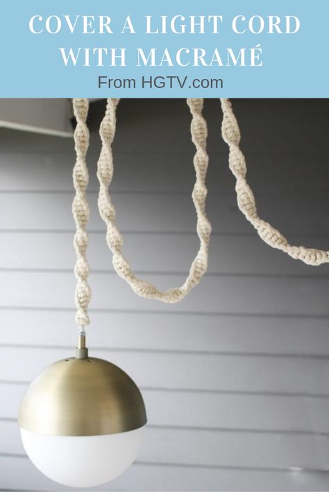 Electrical cords can be so unattractive and boring. Learn how to dress up pendant light cords with macrame. Macrame Lamp Cord, Cord Lamp Hanging, Macrame Cord Cover, Decorative Cord Covers, Crochet Cord Cover, Cord Cover Ideas, Macrame Cord Projects, Diy Cord Cover, Macrame Light Cord