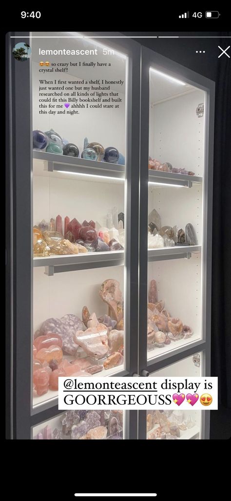 Crystal Display Case, Crystal Display Cabinet, Crystal Display Ideas Rock Collection, Crystal Organization Display, Crystal Storage Ideas, Rock Collection Storage, Crystal Display Ideas, Crystal Collection Display, Rock Collection Display