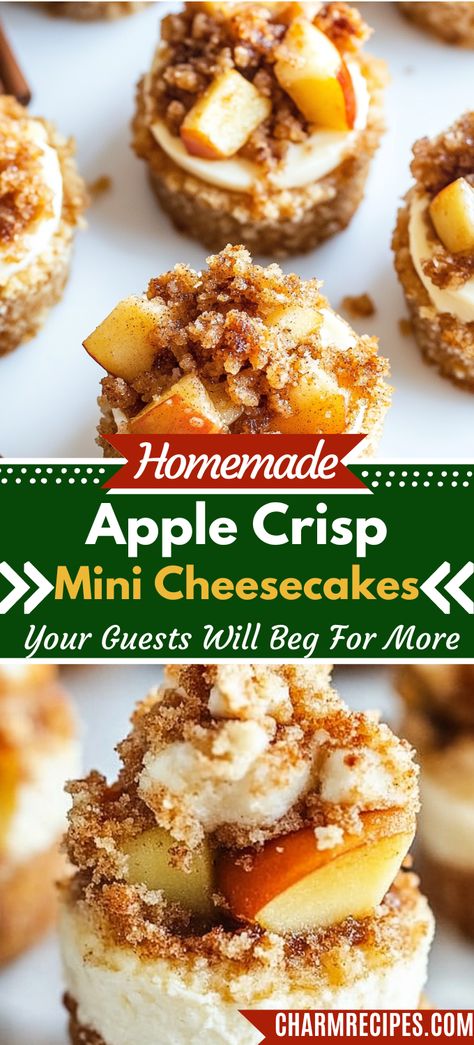 Apple Crisp Mini Cheesecakes Mini Apple Crisp Cheesecake Recipes, Mini Apple Crisp Muffin Tins, Individual Apple Desserts, Apple Pie Cheesecake Bites, Apple Crisp Mini Cheesecake, Mini Apple Pie Cheesecake, Best Dessert Recipes Ever, Apple Crisp Mini, Mini Apple Crisp