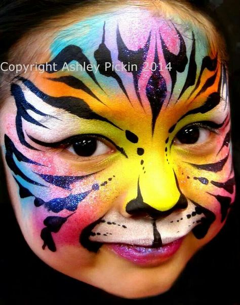 Rainbow tiger-Animal Tiger Face Paint, Kitty Face Paint, Animal Face Paintings, Face Painting Tips, Adult Face Painting, Girl Face Painting, Face Painting Ideas, Face Painting Easy, Face Paint Makeup