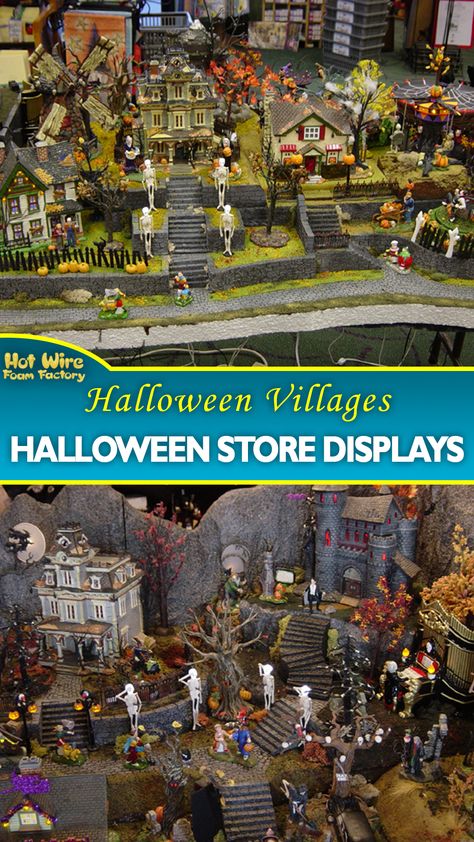 These intricate Halloween-themed Department 56 store displays were crafted by Roger J. Beauregard out of foam sheets. #halloweenvillage #villagedisplays #department56 #d56 #storedisplay Department 56 Halloween Display, Spookytown Display Ideas, Halloween Village Display Ideas Diy, Halloween Village Ideas, Halloween Village Display Ideas, Spooky Town Village Display, Lemax Spooky Town Display, Department 56 Displays, Halloween Store Display