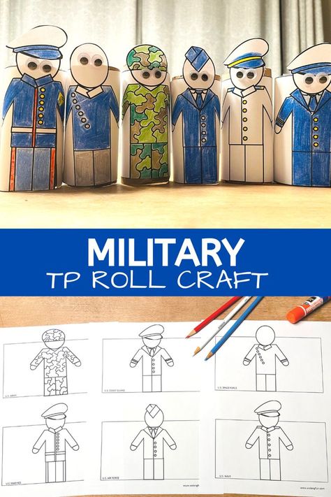 Print out these templates for kids to color and craft. All six branches are represented. Toilet Paper Roll Craft, Military Crafts, Veterans Day Activities, Roll Craft, Happy Veterans Day, Paper Bag Puppets, Toddler Education, Military Kids, Puppet Crafts