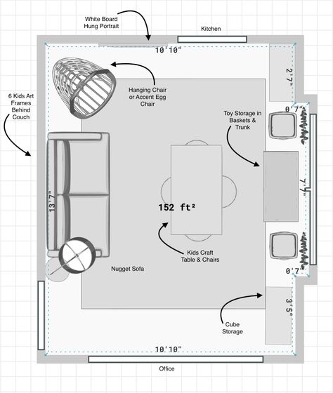 Playroom Rug Layout, Office Turned Playroom, Office Playroom Combo Layout, Playroom Design Layout, Playroom Floor Plan, Playroom Homeschool Room, Office Playroom Combo, Playroom Layout, Rugs Layout