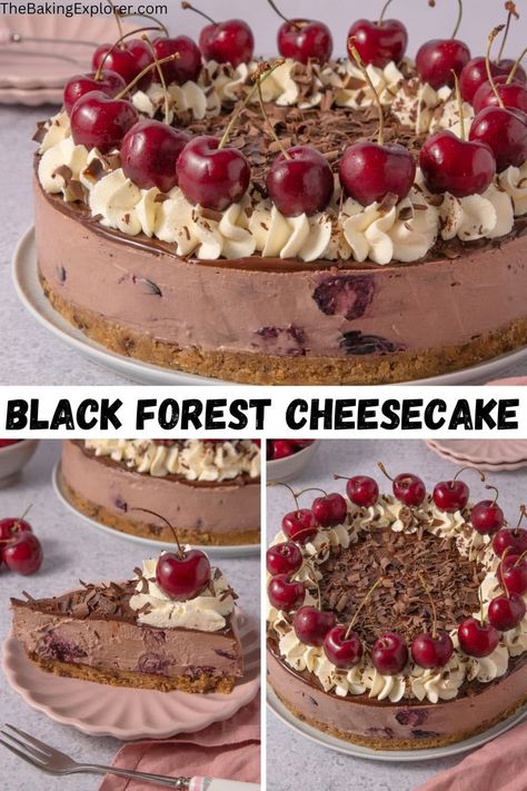 Recipe for a no bake Black Forest Cheesecake - chocolate packed buttery biscuit base and creamy chocolate filling with kirsch soaked cherries, decorated with whipped cream and fresh cherries #thebakingexplorer #nobakecheesecake #blackforest #darkchocolate #cherrycheesecake Black Forest Cheesecake, Cheesecake No Bake, Donut Dessert, Chocolate Pack, Glace Cherries, Cheesecake Chocolate, Buttery Biscuits, Chocolate Cheese, Cherry Cheesecake