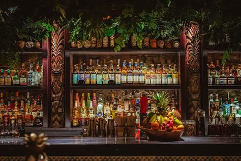 Cocktail Bar Inspiration, Rum Bar Ideas, Tropical Bar Ideas, Bar Ideas For Restaurants, Tropic Bar, Three Dots And A Dash, Village Tavern, Bohemian Bar, Cocktail Bar Design