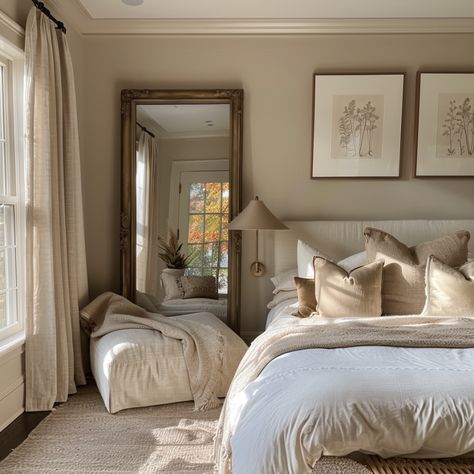 beige bedroom with a mirror Tan Room With Accent Wall, Taupe Cream Bedroom, Neutral Bedroom With Colorful Accents, Bedroom With Taupe Walls, Accesible Beige Bedroom, Toupe Colored Bedroom, Beige Color Drenched Room, Sand Walls Bedroom, Beige Paint Bedroom Ideas