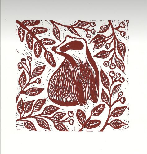 Woodland Lino Print, Badger Line Art, Linocut Prints Animals, Linocut Vegetables, Lino Print Animals, Animal Lino Print, Badger Linocut, Woodland Linocut, Printmaking Animals