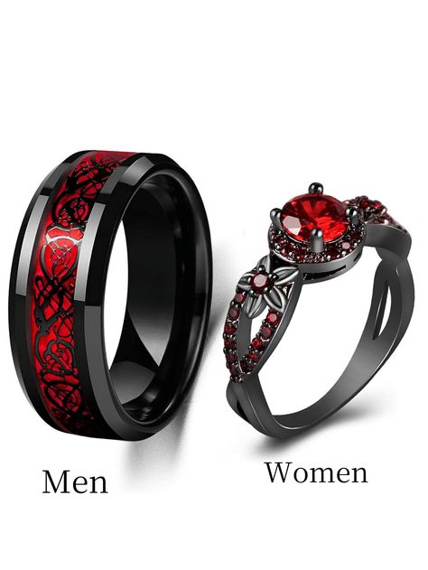 Charm Couple Rings, Romantic Red Flower Ring For Women & Stylish Stainless Steel Ring For Men, Wedding/Engagement Bands, Jewelry Couple Gift Red    Stainless Steel     Women Fashion Jewelry, size features are:Bust: ,Length: ,Sleeve Length: Black And Red Wedding Rings Sets Couple, Dnd Wedding Ring, Red And Black Wedding Ring, Black And Red Wedding Rings, Black And Red Wedding Ring, Couple Ring Ideas, Red Wedding Rings, Iron Man Wedding, Red And Black Ring