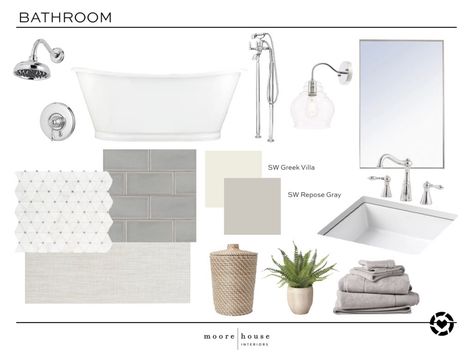 Heres a timeless, spa-like bathroom design for you to shop from Moore House Interiors! Soft gray hues with polished chrome fixtures make a serene space in any home. White Bathroom With Chrome Fixtures, Modern Bathroom With Chrome Fixtures, Bathroom Ideas With Chrome Fixtures, Bathroom Nickel Fixtures, Bathroom Ideas Chrome Fixtures, Bathroom Silver Fixtures, Brush Nickel Bathroom Fixtures, Simple Neutral Bathroom, Bathroom With Silver Fixtures