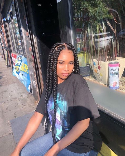 Knotless Box Braids Jumbo, Knotless Box Braids With Curls, Box Braids With Curls, Box Braids Jumbo, Kepang Dua, Jumbo Box Braids Styles, Box Braids Medium, Jumbo Knotless Box Braids, Braids Medium