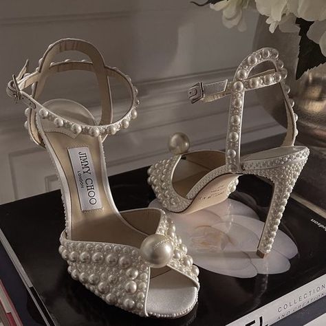 Jimmy Choo Pearl Heels, Pearl Heels, Chanel Heels, Heels Aesthetic, Pearl Shoes, Satin Sandals, Dr Shoes, Shoes Heels Classy, Jimmy Choo Heels