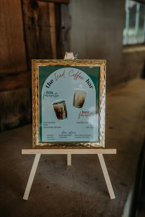 Cold Brew Bar Wedding, Coffee Wedding Seating Chart, Diy Coffee Bar For Party, Iced Coffee Hour Wedding, Ice Coffee Bar Wedding, Breakfast Wedding Reception Ideas, Coffee Themed Wedding Reception, Coffee Shop Wedding Reception, Iced Coffee Bar Wedding Reception