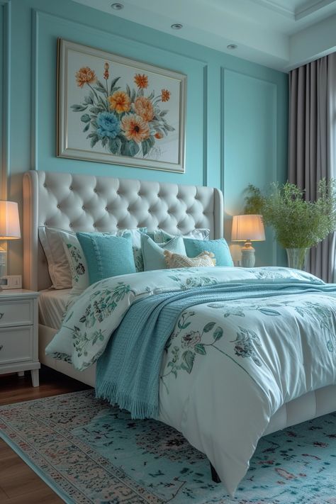 24 Turquoise Bedroom Ideas That Our Editors Love Aqua Accent Wall Bedroom, Light Turquoise Bedroom, Turquoise Bedroom Walls, Turquoise Bedroom Ideas, Turqoise Bedroom, Teal And White Bedroom, Turquoise Bedroom Decor, Tiffany Blue Bedroom, Turquoise Bedroom