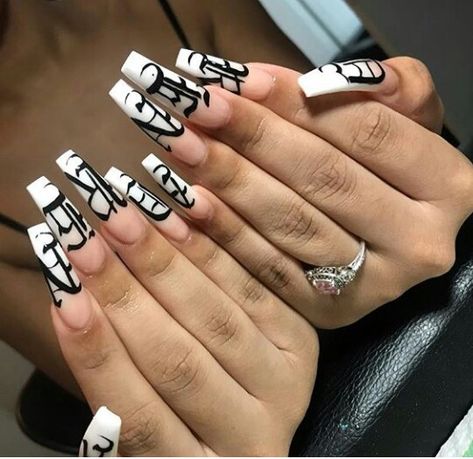 Old English Font On Nails, Old English Font Nails, Old English Nails, Word Nails, Nails With Letters, Number Nails, Letter Nails, Dope Nail Designs, Fire Nails