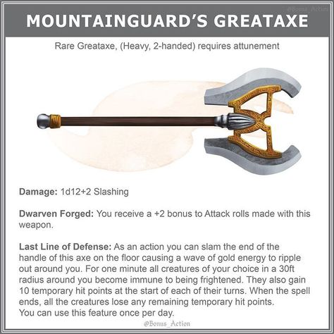 An axe befitting of a dwarven guard of some sort :) . . . . . . #dungeonsanddragons #dnd #dnd5e #5e #dungeonsanddragonsart #fantasy… Dnd Grappling Hook, 5e Items, Homebrew Items, Dnd Stats, Wizard Magic, Dnd Homebrew, Dnd Items, Dungeon Master's Guide, Magical Items