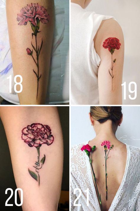 Beautiful Carnation Tattoo Ideas + Their Meaning - tattooglee Colored Carnation Tattoo, Carnation Wrist Tattoo, Carnation Tattoos For Women, Carnation Flower Tattoo Shoulder, Carnation Tattoo Sleeve, Carnation Tattoo Design, Carnation Flower Tattoo Design, Carnations Tattoo, Carnation Tattoos