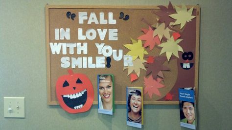 "FALL" IN LOVE WITH YOUR SMILE!  Bulletin board Orthodontics Bulletin Board, Fall Dental Bulletin Board, Fall Dental Office Decor Ideas, Dental Bulletin Board Ideas, Ortho Office, School Nurse Office Decorations, Office Bulletin Boards, November Bulletin Boards, Thanksgiving Bulletin Boards