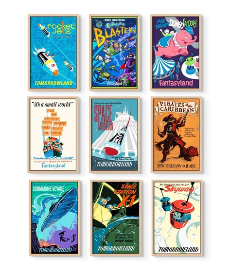 PRICES MAY VARY. Captivating Disney Art: Embark on a nostalgic journey with this set of 9 (11x17”) Unframed vintage Disney posters. Featuring beloved rides like Space Mountain, Pirates of the Caribbean, and more, these prints are perfect for Disney room decor, bringing the magic of Disneyland into your home. Elegant Disney Wall Art: Transform any room into a magical space with these exquisite prints. Ideal for Disney home decor, each poster is a tribute to iconic attractions, making them must-ha Subtle Disney Room Ideas, Vintage Disney Prints, Subtle Disney Room Decor, Disney World Themed Bedroom, Disney World Nursery Theme, Disney Inspired Centerpieces, Elegant Disney Decor, Disneyland Nursery Ideas, Disney Themed Kids Room