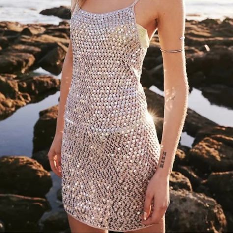 Flook The Label Crochet Silver Sequin Dress Mesh Sparkle Dress, European Summer Mini Dress, Crochet Sequin Dress, Crochet Silver, Silver Sequin Top, Europe 2024, Sparkle Outfit, Thrift Inspo, Silver Sequin Dress