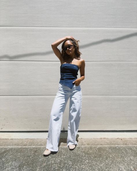 Never thought I’d see myself wear white jeans, ballet flats or a denim tube top yet here I am. This might be my new favorite outfit. I’ve seen too many MyAE’s slay this top so I had to give it a shot (100% Inspired by @marissa.brandenburg 💗) Outfit Details: 🤍AE Asymmetrical Denim Tube Top (xxs) 🤍AE Strigid Super High Waisted Baggy Wide Leg Ankle Jean (000 reg) 🤍AE Vegan Leather Slip On Ballet Flat (5) 🤍AEO Angular Sunglasses #myaeambassador #aejeans Denim Tube Top, Tube Top Outfits, Ae Jeans, Instagram Outfits, Women Photography Poses, Ballet Flat, Minimalist Outfit, Outfit Details, Leather Slip Ons