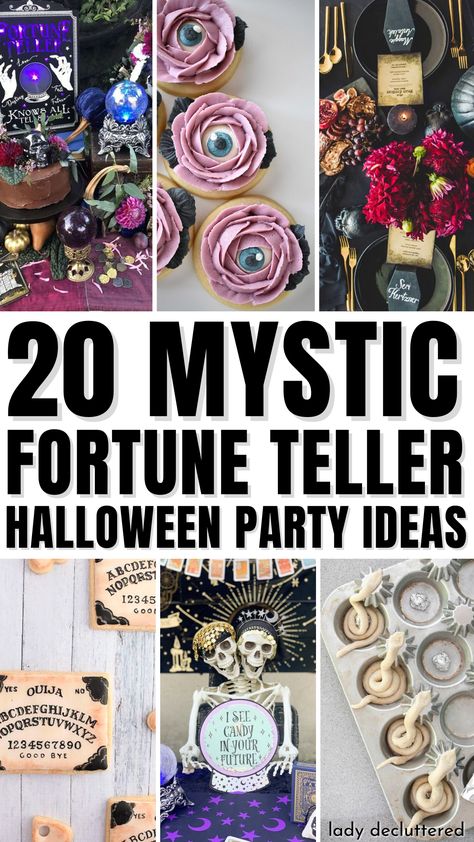 20 Mystic Fortune Teller Halloween Party Ideas Seance Party Decor, Wiccan Party Ideas, Crystal Ball Theme Party Ideas, Fortune Teller Skeleton, Psychic Party Decorations, Psychic Party Food Ideas, Fortune Telling Party Ideas, Tarot Card Halloween Decor, Tarot Card Theme Party