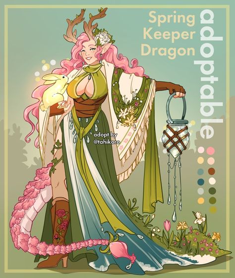 Spring Keeper Dragon on Toyhouse Sunset Dragon Art, Worldbuilding Creatures, Plant Demon, Dragon Hybrid Oc, Dragon Oc Human, Fae Dragon, Spring Character, Dragon Character Design, Dragon Keeper