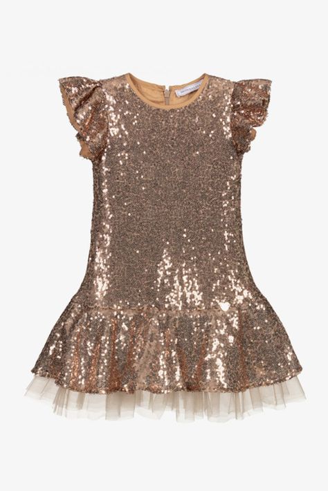 Girls Gold Dress, Gold Party Dress, White Tulle Dress, Girls Sequin Dress, Rose Gold Sequin Dress, Gold Tulle, Dazzling Dress, Designer Dresses For Kids, Classic Party