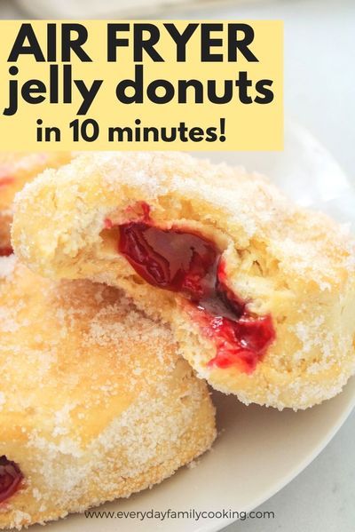 Easy air fryer donuts recipe made with biscuits. This air fryer donut is oozing with raspberry flavor and tastes like it came right out of the bakery. #airfryerdessert #airfried Air Fryer Doughnut Recipe, Air Fryer Donuts, Jelly Donuts, Air Fryer Recipes Dessert, Air Fryer Recipes Snacks, Dessert Oreo, Air Fryer Cooking Times, Cooks Air Fryer, Air Fried Food