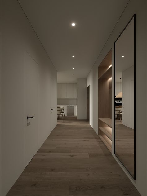 Apartment Corridor, Reka Bentuk Dalaman, Modern Apartment Interior, Corridor Design, Corridor Lighting, Minimal House Design, Door Design Modern, 아파트 인테리어, غرفة ملابس