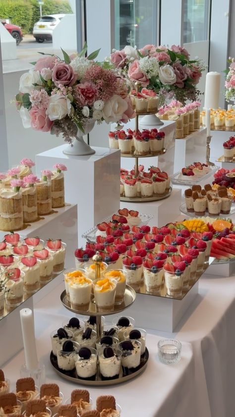 SheikhArts Desserts | Libby & Moore 🤍 Dessert table consisted of shot glass desserts, cakelettes, pavlova and fruit platters. Location: Hilton - Utilita Bowl... | Instagram Dessert Table Set Up Ideas, Fruit Table Ideas Wedding, Dessert Table Set Up, Wedding Buffet Table Decor, Summer Dessert Table, Bowl Desserts, Wedding Buffet Table, Shot Glass Desserts, Reception Desserts