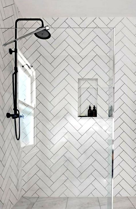 White Herringbone Shower, Herringbone Shower Tile, Metro Tiles Bathroom, Herringbone Tile Bathroom, Herringbone Shower, White Herringbone Tile, Black Grout, Subway Tiles Bathroom, Metro Tiles