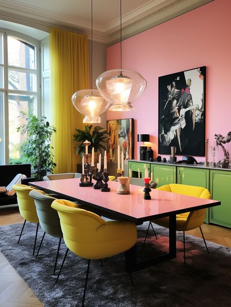 Dining Room Bright Colors, Color Blocking Interior Design, 2024 Interior Design Trends, Colour Blocking Interior, 2024 Interior Design, Dallas House, Apartment Dining Room, Creative Interior Design, Interior Design Dining Room