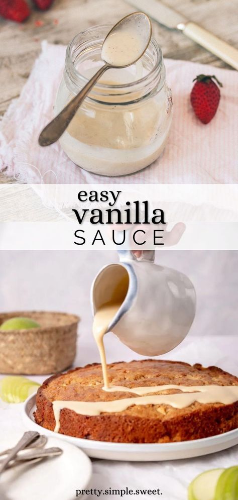 This is the easiest vanilla sauce recipe ever (and the best vanilla sauce recipe too!)! It contains only 3 ingredients and goes perfectly on just about anything sweet! | vanilla sauce for bread pudding simple | vanilla sauce recipe simple | vanilla sauce for cake | heavy cream vanilla sauce | vanilla sauce with heavy cream | easy vanilla sauce recipe | easy vanilla cream sauce Vanilla Sauce For Cake, Vanilla Cream Sauce For Bread Pudding, Vanilla Sauce For Bread Pudding, Easy Vanilla Sauce, Sauce For Cake, Sauce With Heavy Cream, Sweet Cream Sauce, Sauce For Bread Pudding, Simple Syrup For Cakes