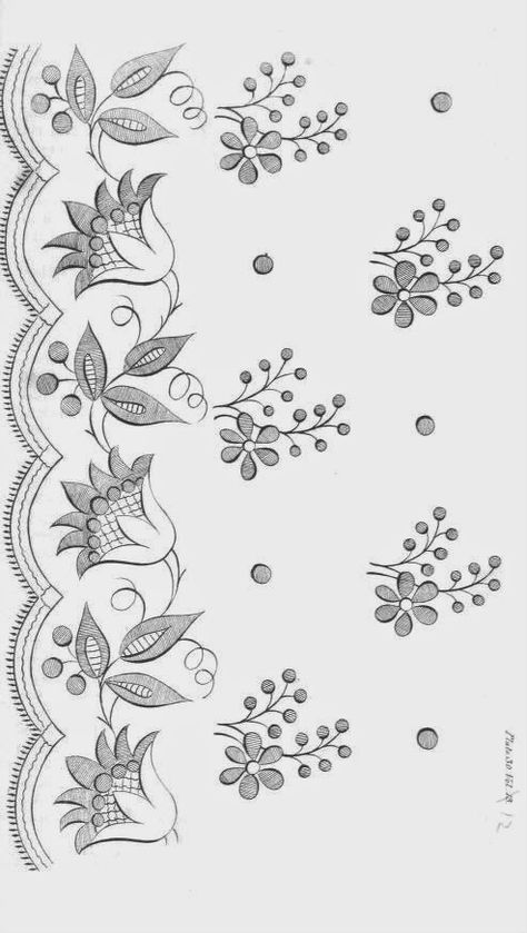 Flower Pattern Drawing, Redwork Embroidery, Floral Embroidery Patterns, Border Embroidery Designs, Handmade Embroidery Designs, Border Embroidery, Pola Sulam, Embroidery Neck Designs, Hand Embroidery Flowers