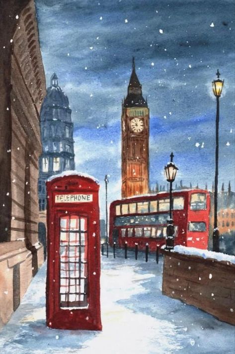 Watercolor style poster of snowy London night in winter, including red telephone box, red double decker bus and Big Ben in the background of this perspective drawing London Snow, London Painting, Red Telephone, Watercolor Scenery, London Poster, Telephone Booth, Snow Art, Canvas For Beginners, Easy Canvas Painting