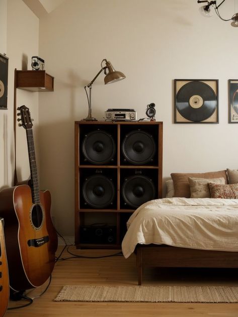 Create a musical bedroom aesthetic by hanging vintage vinyl records on the wall as artwork. Add a retro microphone lamp and a guitar-shaped shelf for a unique touch. Musical Bedroom, Records On The Wall, Rockstar Bedroom, Microphone Lamp, Retro Microphone, Vintage Microphone, Elegant Bedroom, Vintage Vinyl Records, Vintage Vinyl