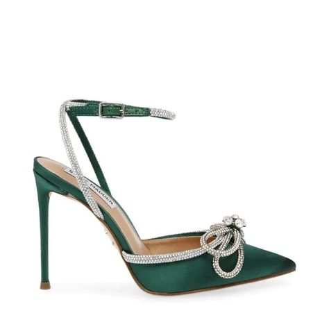 Crafted in luxe emerald satin, this dark green stiletto heel is party pump perfection. The shimmering trim and bow embellishments add dimension to the modern silhouette. Faux satin upper material Rhinestone detailing 4.25" heel height Sizing Advice: Due to the vinyl upper, this style tends to run small. We recommend ordering ½-1 size bigger than your usual size. Emerald Green Heels, Emerald Shoes, Steve Madden Store, Party Pumps, Green Heels, Prom Heels, Green Bows, Bow Heels, Emerald Color