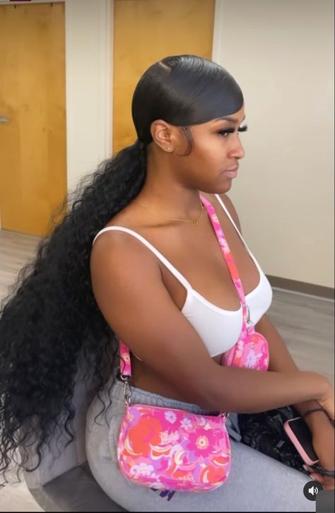 Hair Styles For Black Women Ponytail, Cute Ponytails Weave, High Ponytail Hairstyles For Prom Black, Side Party Ponytail Weave, Swoop Ponytails For Black Women, Sleek Ponytail With Curly Weave, Swoop With Ponytail Natural Hair, Slick Back Swoop Ponytail Curly, Low Slick Ponytail Weave With Swoop