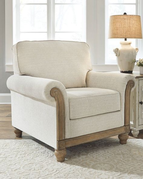 Every good living room design includes at least one accent chair.  And if you’re into the farmhouse look, you’re in luck - there are tons of opti... | Add a Weathered Look with Light-Toned Wood and Linen Farmhouse Accent Chair, Sofa Santai, Novelty Floor Lamp, Chair And A Half, Accent Chairs For Living Room, Chaise Sofa, Ashley Furniture, Upholstered Seating, Accent Chair