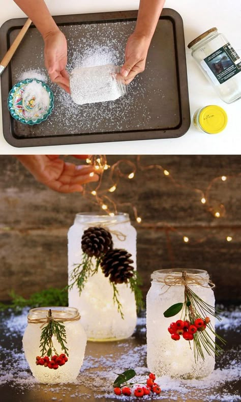 Jar Decorations, Frosted Mason Jars, Juleverksted For Barn, Winter Wedding Centerpieces, Diy Snow, Diy Jul, Diy Jar Crafts, Mason Jar Crafts Diy, Christmas Mason Jars